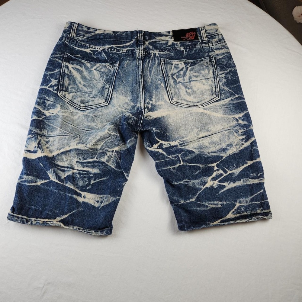 Diamond Stash Mens Acid Wash Denim Shorts Jorts Blue White Distressed Size 38